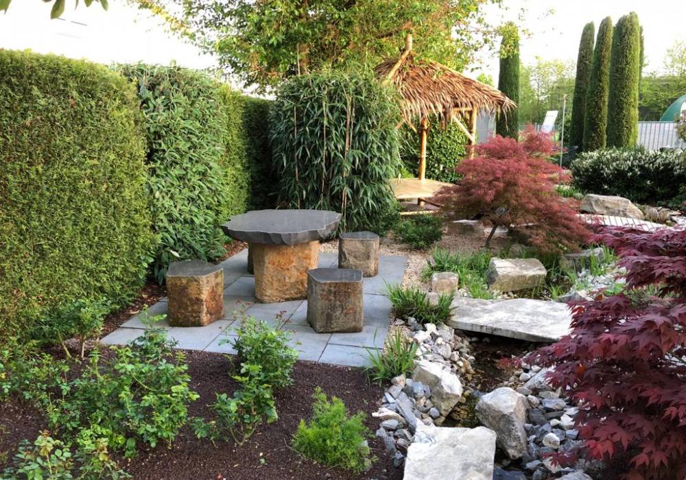 Naturstein Sitzecke Gartengestaltung, Sitzecke, Schaugarten, Außenanlage, Naturgarten